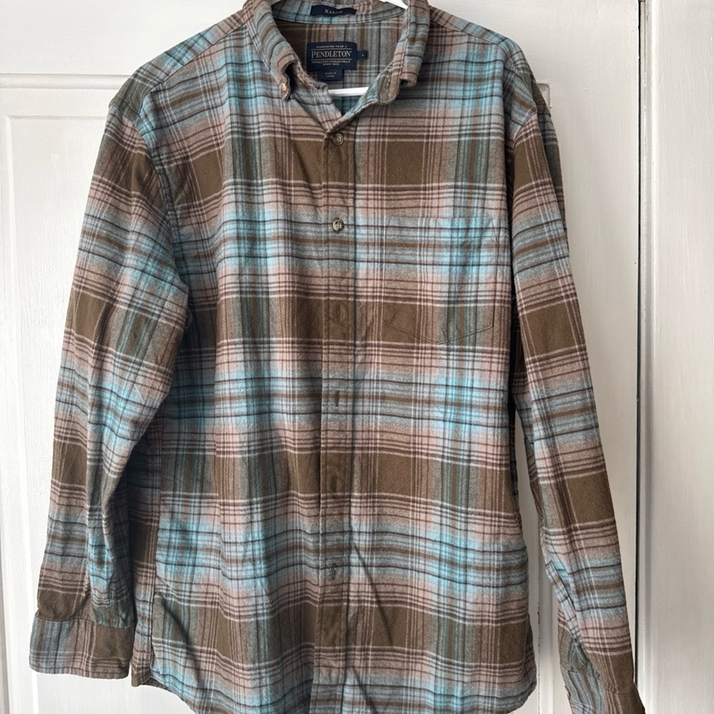 Pendleton Brown Plaid Button-Down Shirt with Light Blue Accents